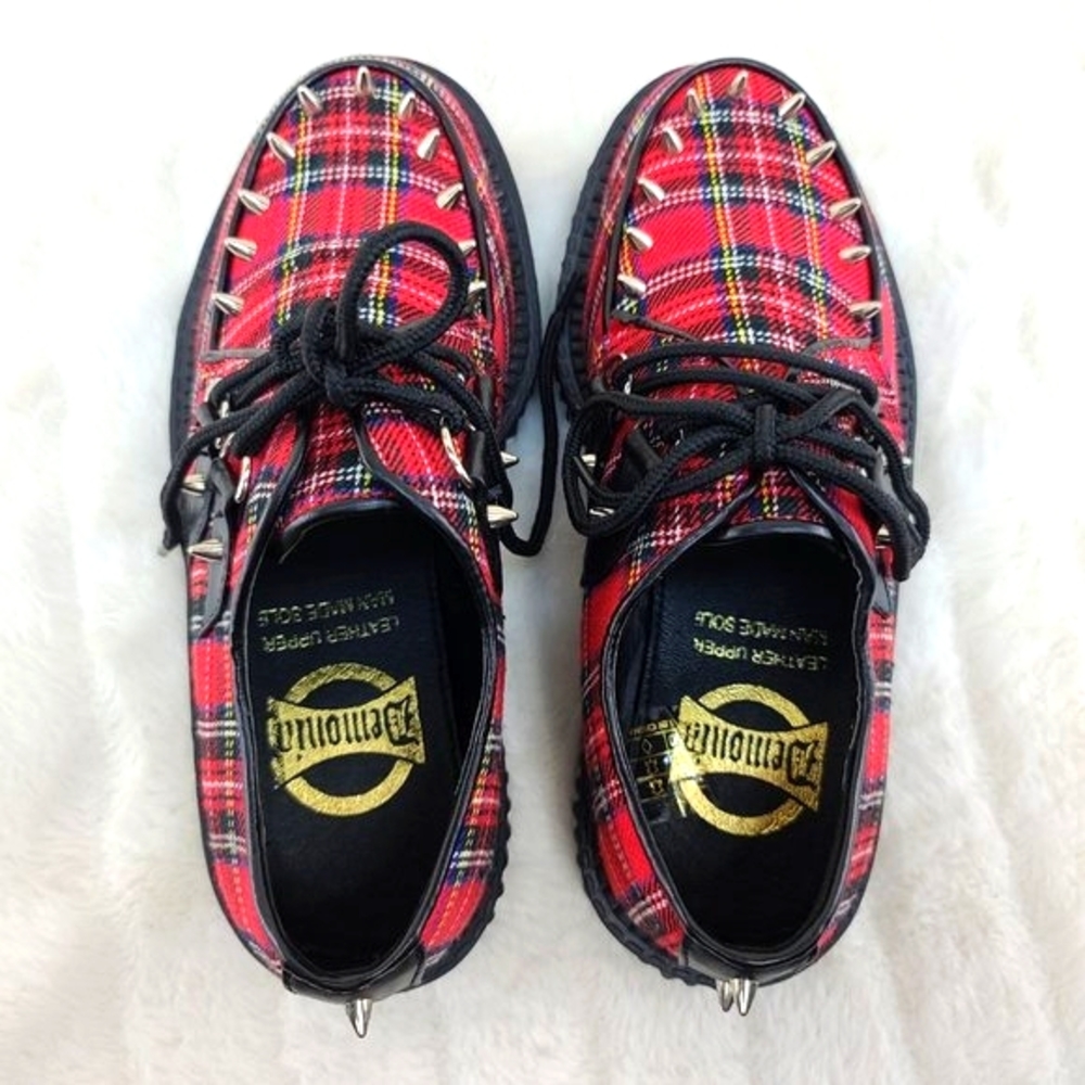 Demonia Red Plaid Platform Creeper w/ Cone Spikes - Picture 8 of 10